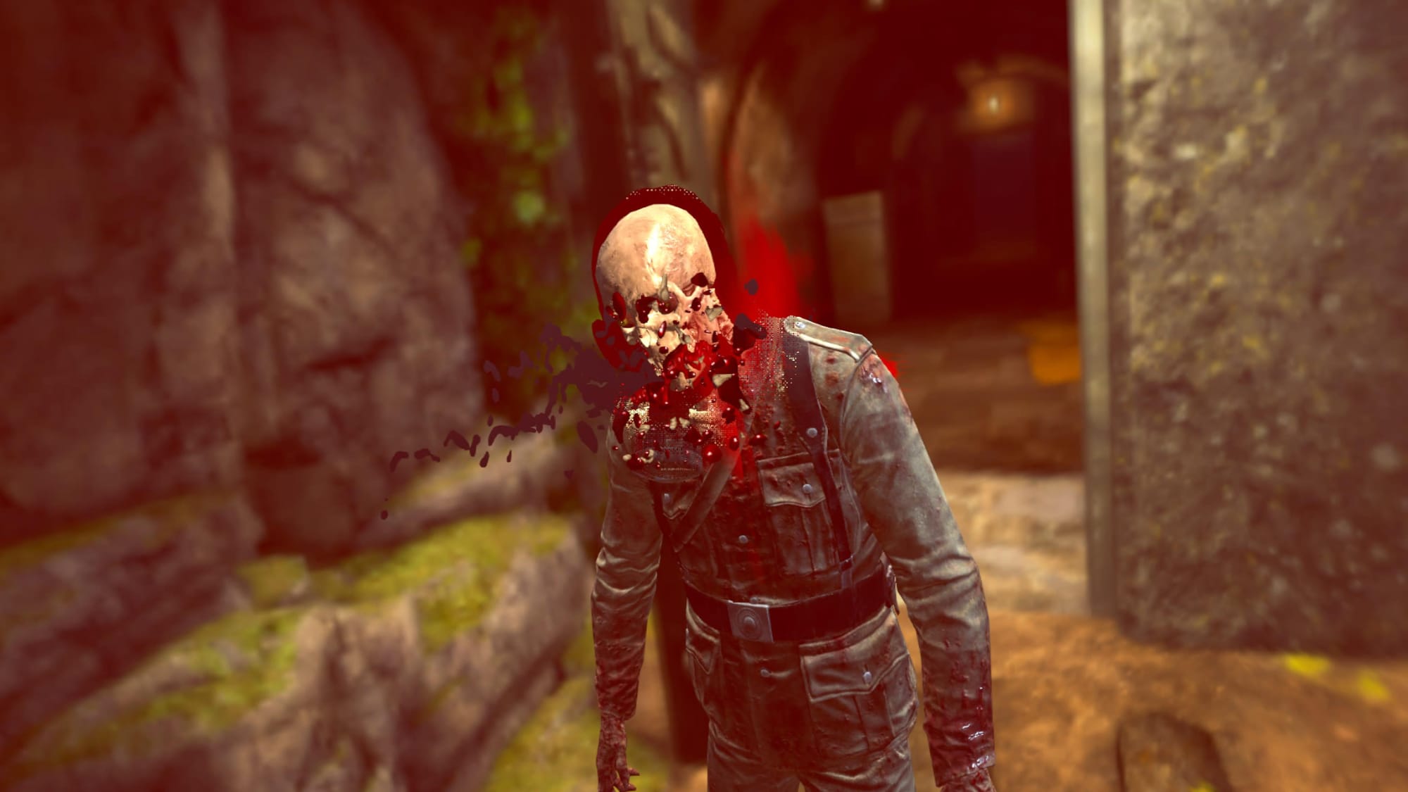 Zombie Army VR screenshot shows an x-ray kill cam as a skull gets penetrated by a bullet