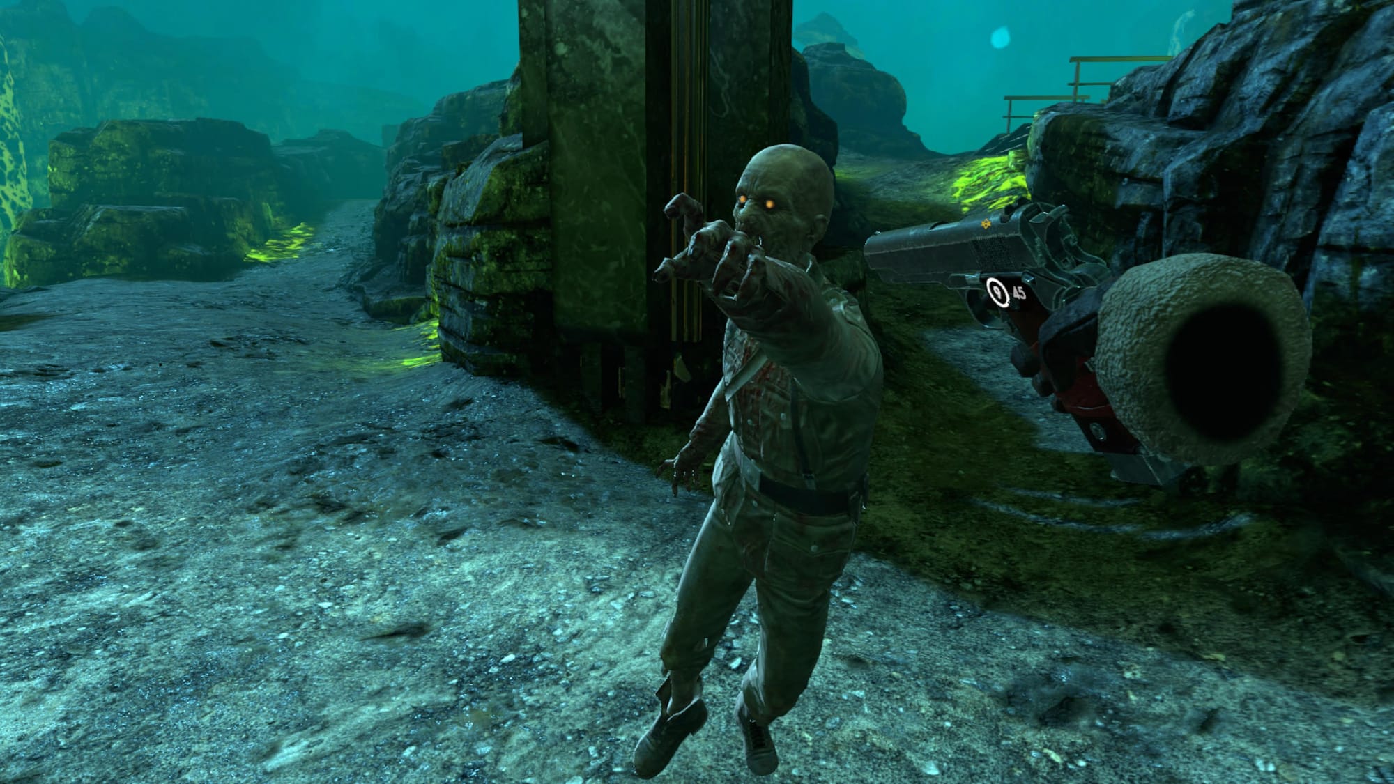 Zombie Army VR screenshot shows a gun aimed at a zombie's head