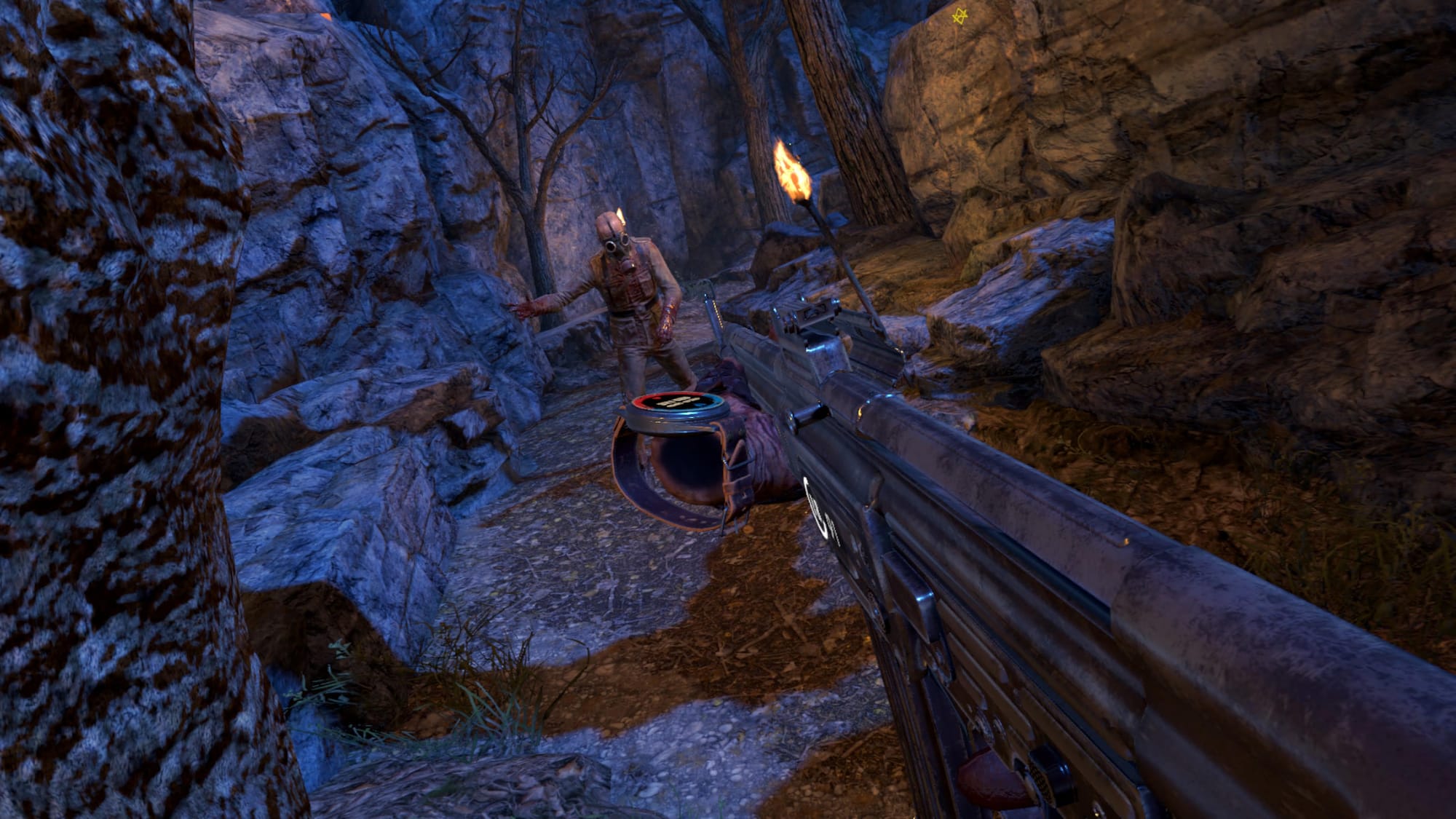Zombie Army VR screenshot shows an SMG being aimed at a zombie in a gas mask
