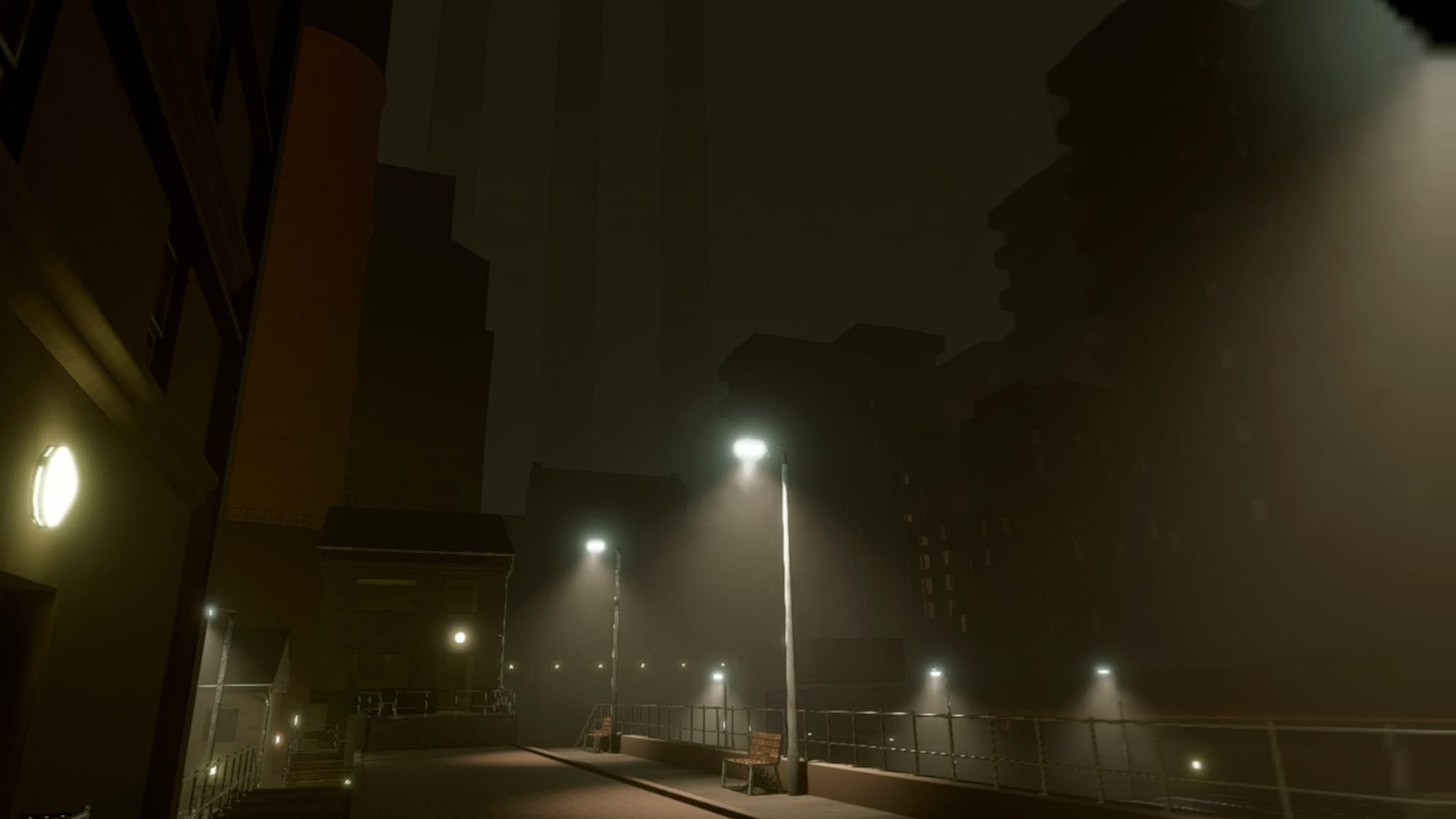 A dark cityscape in a video game