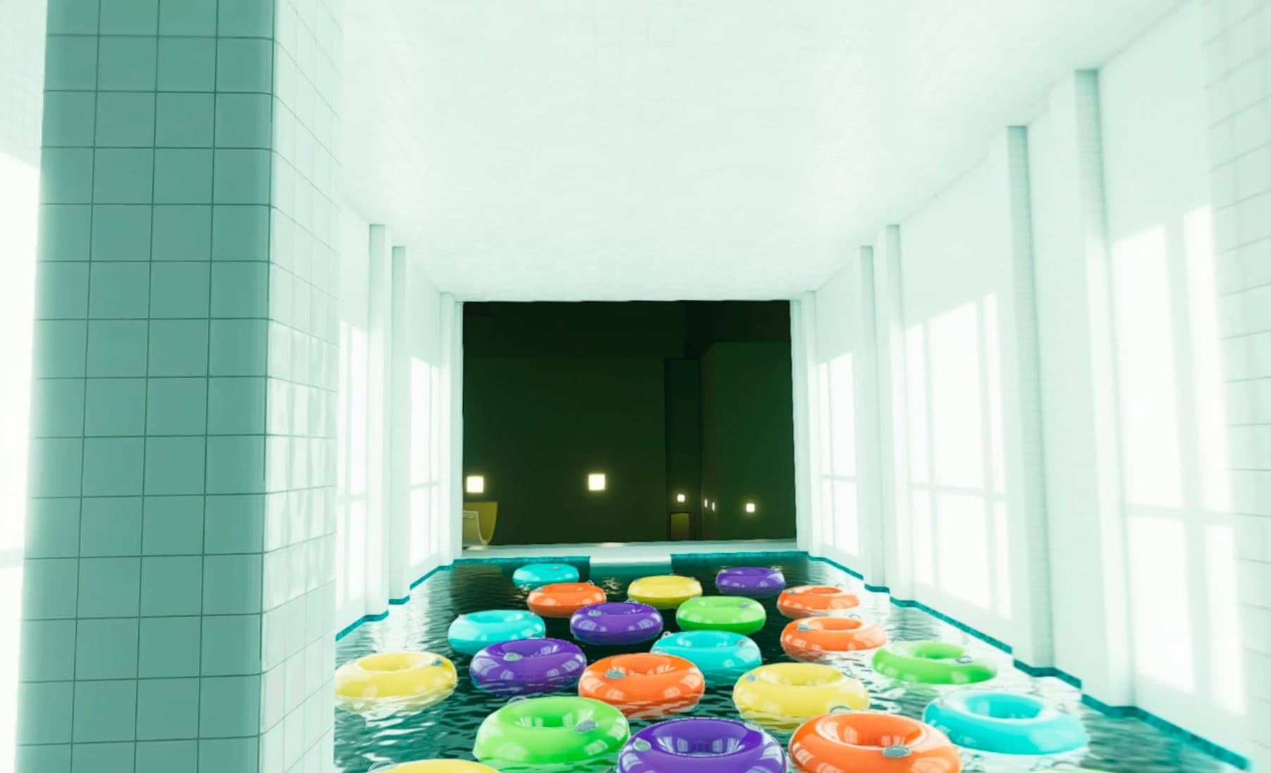 A bright liminal pool room with lots of colorful tubes in the pool