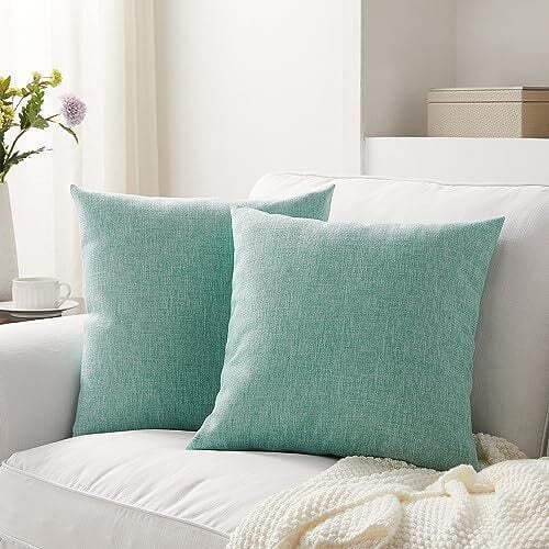 Meekio Set of 2 Seafoam Green Pillow Covers 18 x 18 Inch Summer Beach Decorative Throw Pillow Covers Linen Cushion Covers for Sofa Couch Décor