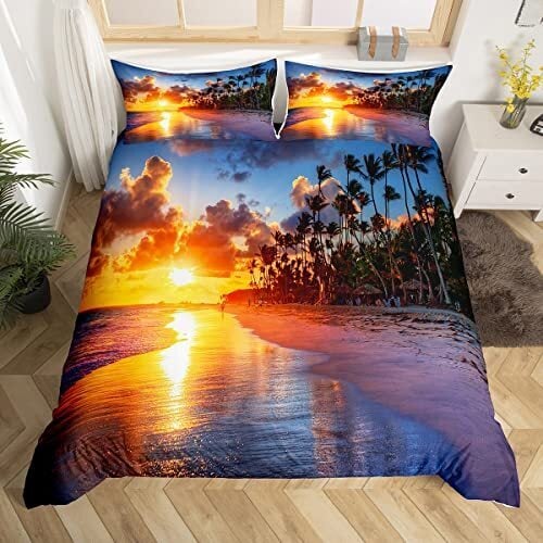 Feelyou Beach Duvet Cover Set King Size Summer Sea Ocean Bedding Set Hawaiian Tropical Palm Tree Nature Comforter Cover Microfiber with 2 Pillow Shams,Zipper, 3D Print Soft Sunset 3 Pieces