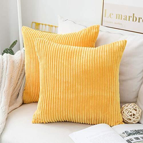 Home Brilliant Yellow Throw Pillow Covers 18x18 Set of 2 Super Soft Couch Pillow Covers Decorative Striped Corduroy Mustard Throw Pillows for Couch Bed Fall, 18 x 18 inch, Sunflower Yellow