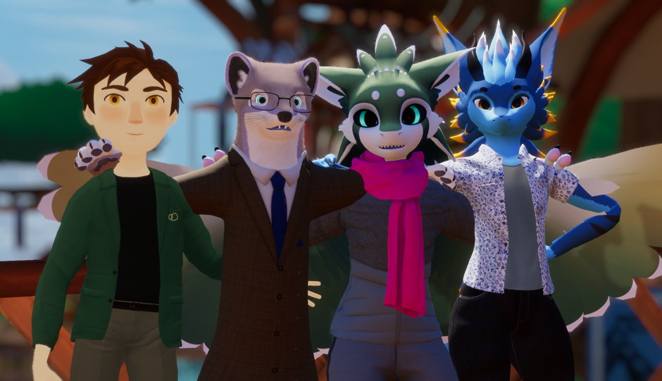 Four avatars: one human and three colorful furry avatars posing happily for a group picture.