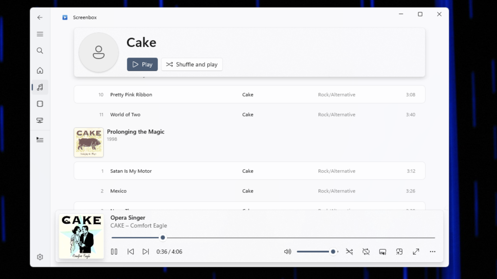A screenshot showing the user scrolling through CAKE's discography in Screenbox