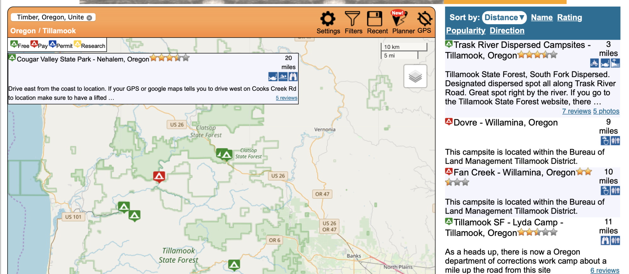 A screenshot of FreeCampsites.net