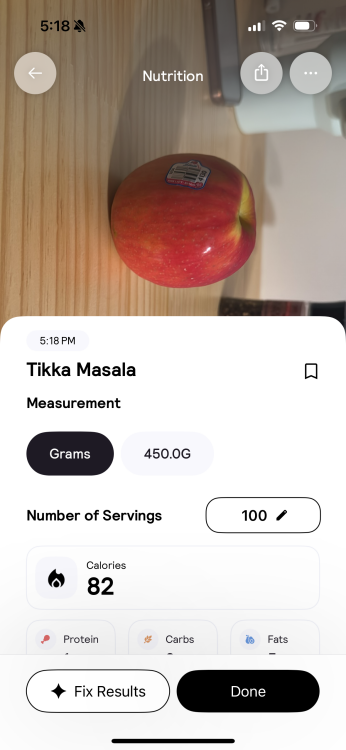 Cal AI identifying an apple as tikka masala.