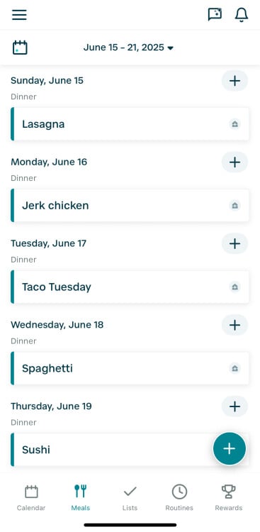 A list of meals planned for the week on the Hearth app