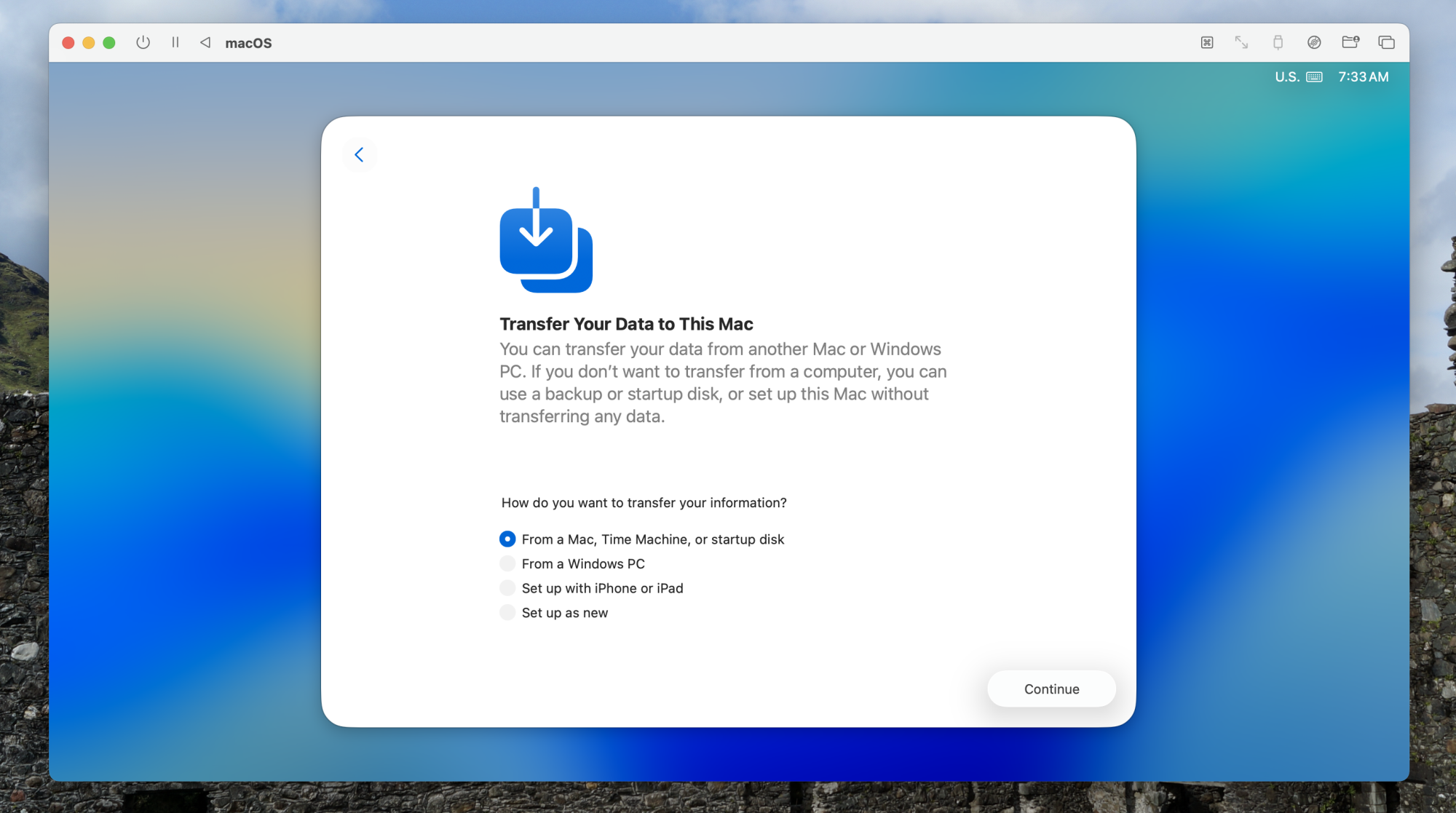 The macOS setup screen asking if you want to import your files.