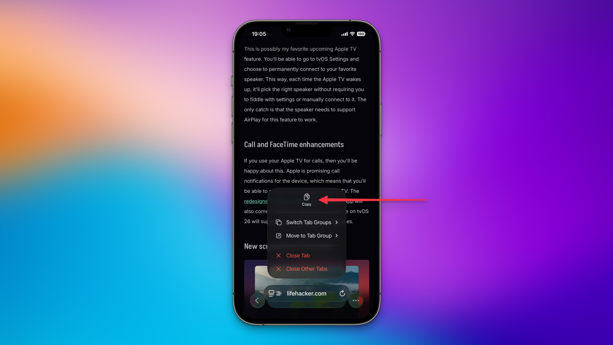 The copy URLs button in iOS 26 Safari.
