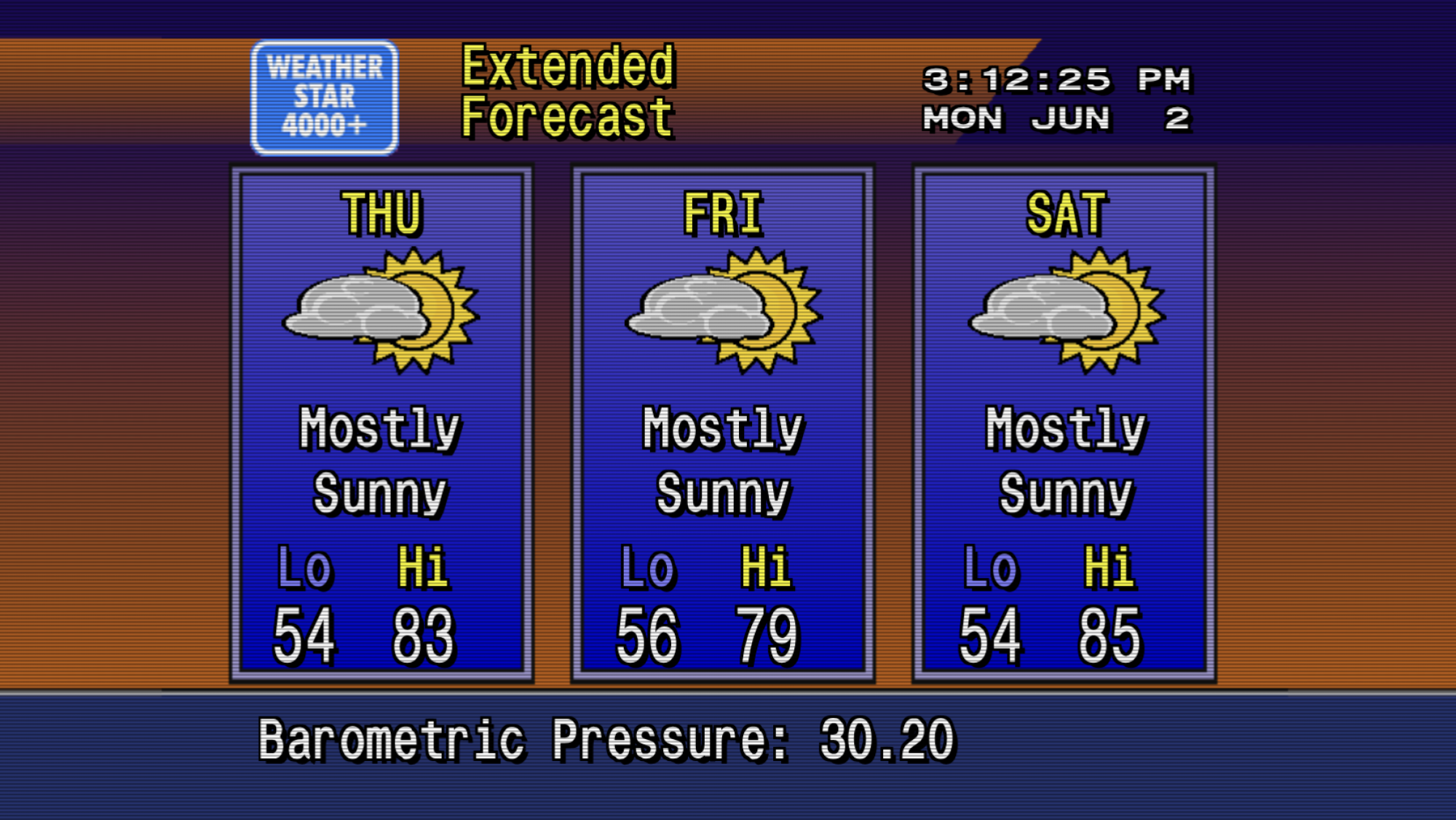 Forecasts for Thursday, Friday, and Saturedy are shown in this vintage-looking forecast.