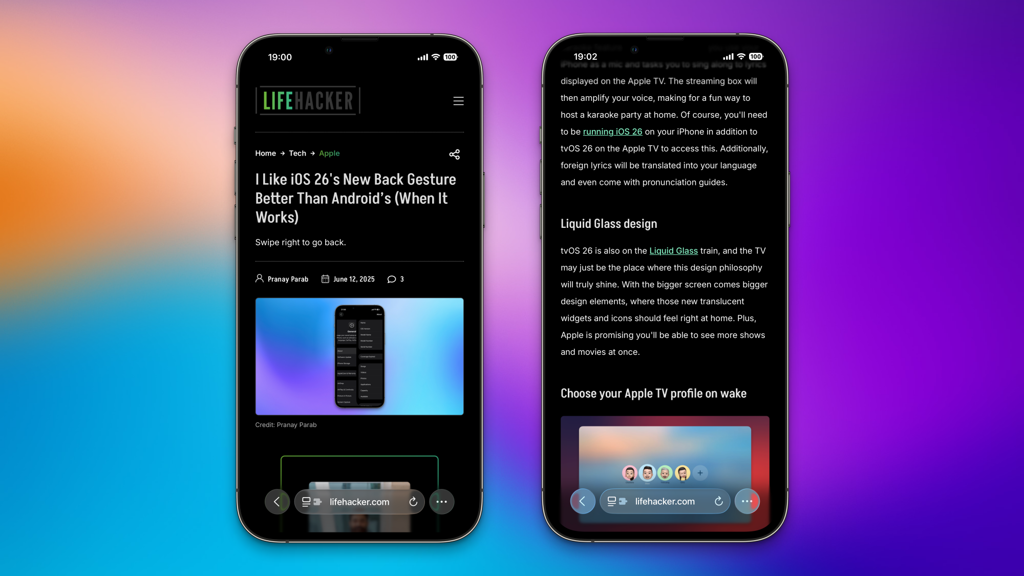 Lifehacker's website open on two iPhones, showing Safari's compact layout.