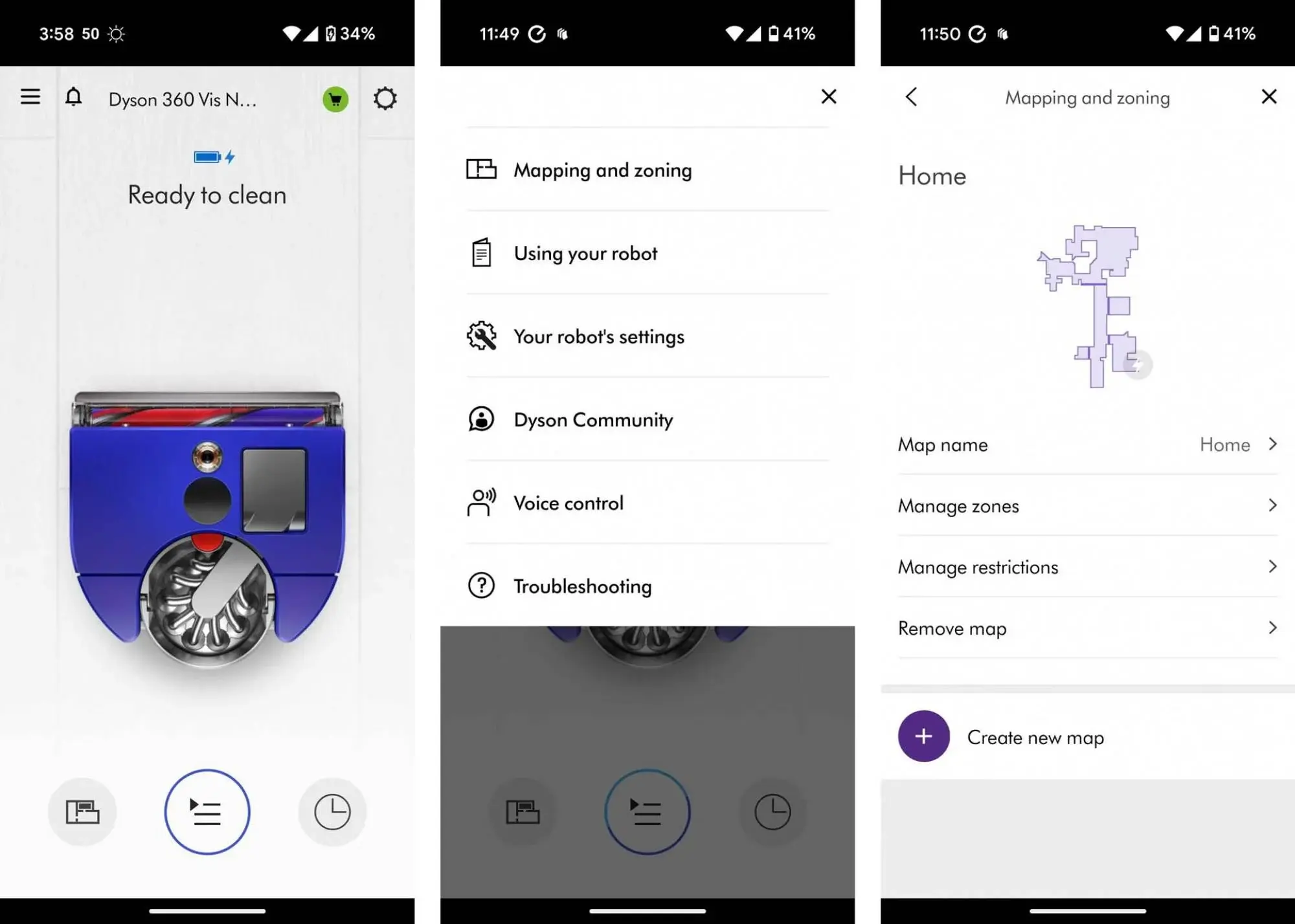 screenshots from the dyson app
