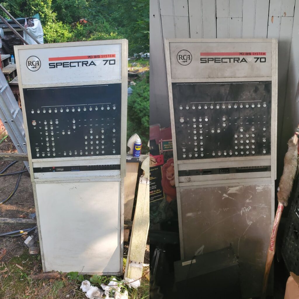 A view of the RCA Spectra 70/35 computer control panel before (right) and after (left) its owner cleaned it up.