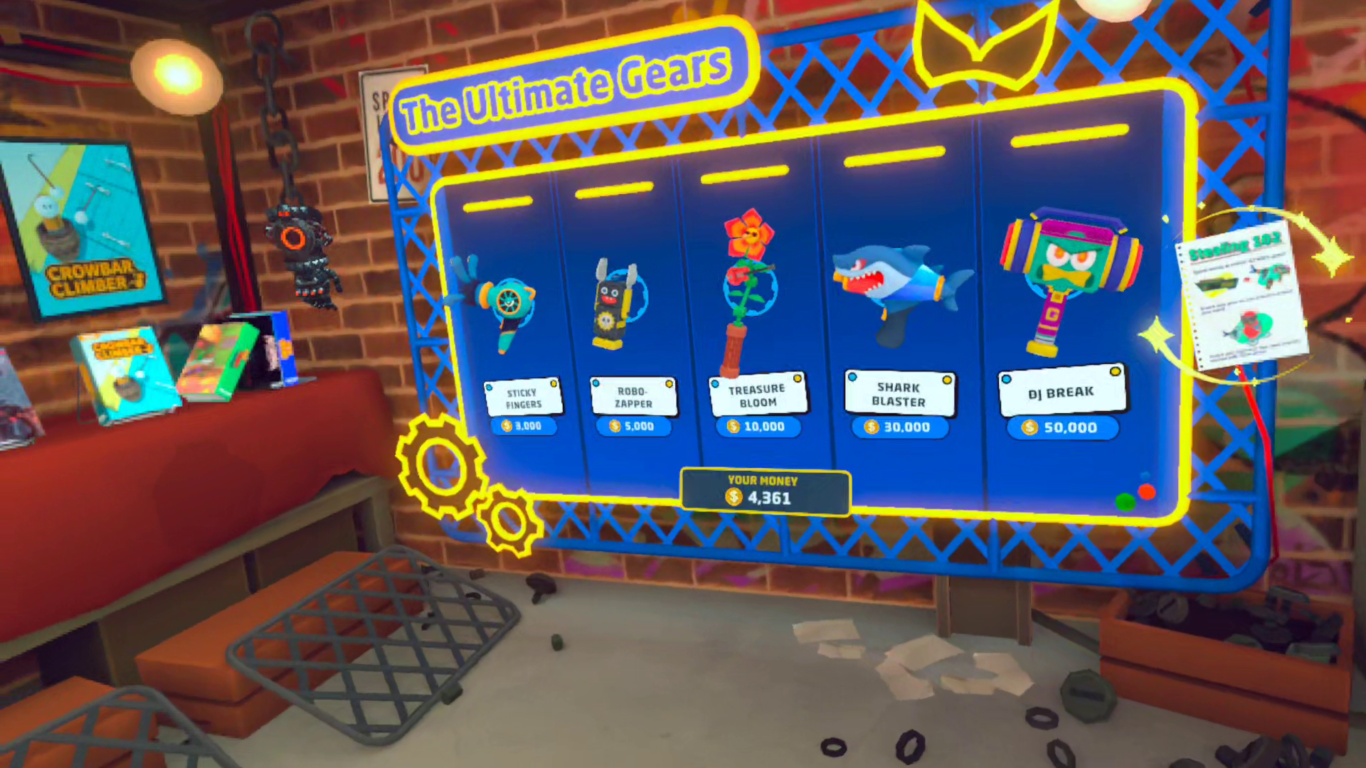 An array of cartoon gadgets shaped like a hand, robot, flower, shark, and hammer.