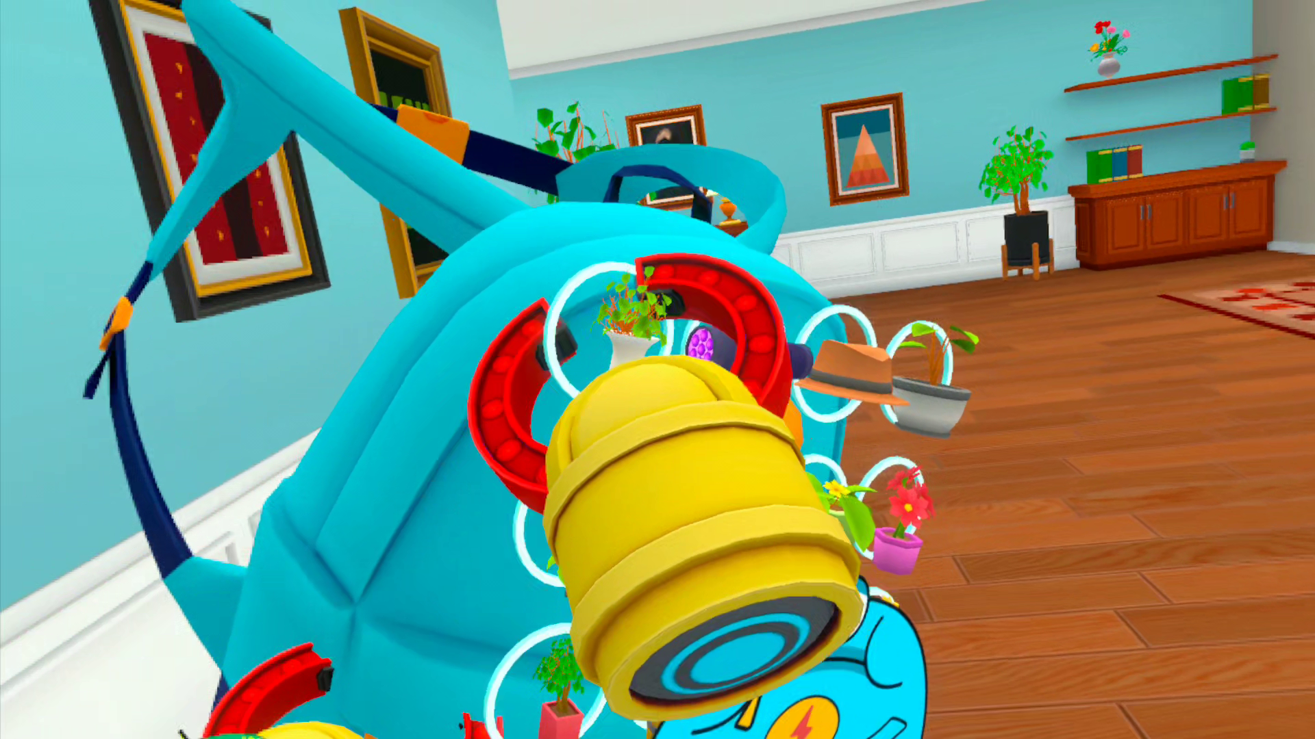 A robot hand reaches into a backpack to remove a potted plant from an array of items displayed visually outside the backpack in rows.