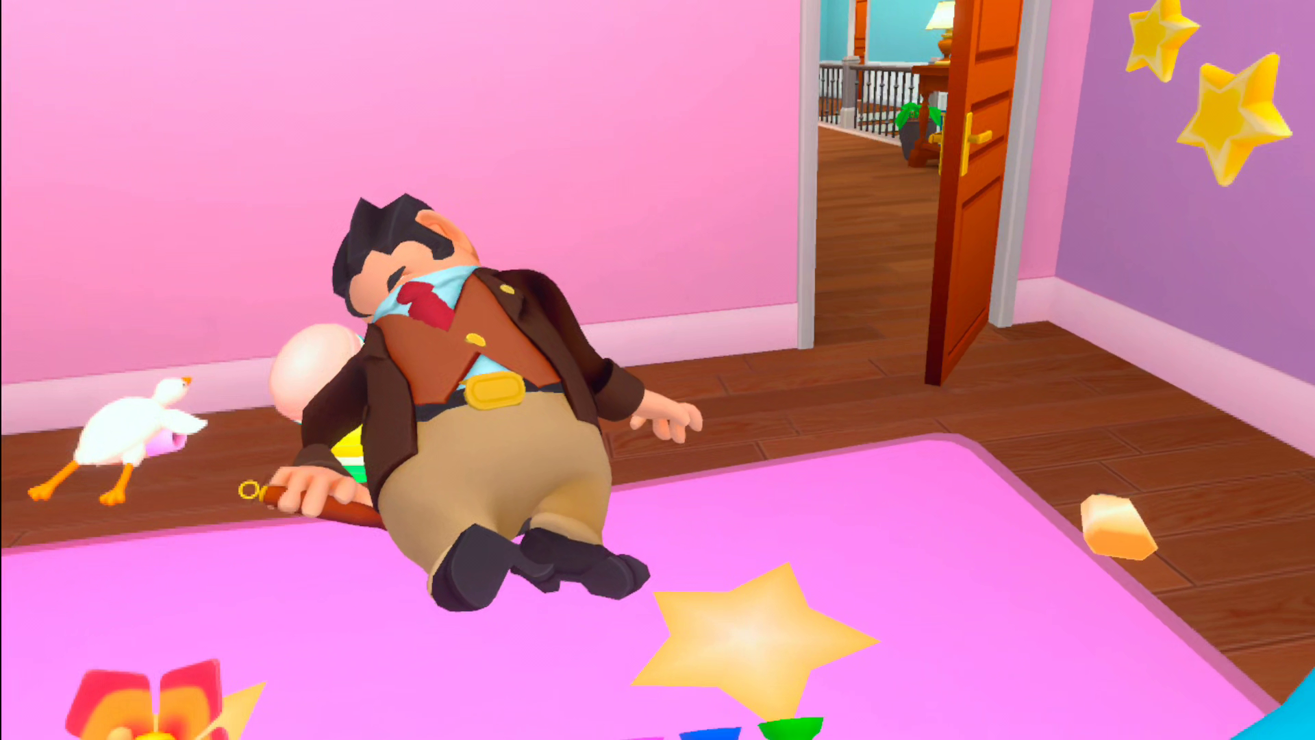 A cartoon home owner is passed out, his ragdoll glitching in disturbing ways, inside his daughter's bedroom.
