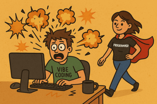 A whimsical cartoon of someone struggling with vibe coding at a desktop computer and a second person with a superhero cape and a t-shirt saying 'programmer' coming to their rescue.