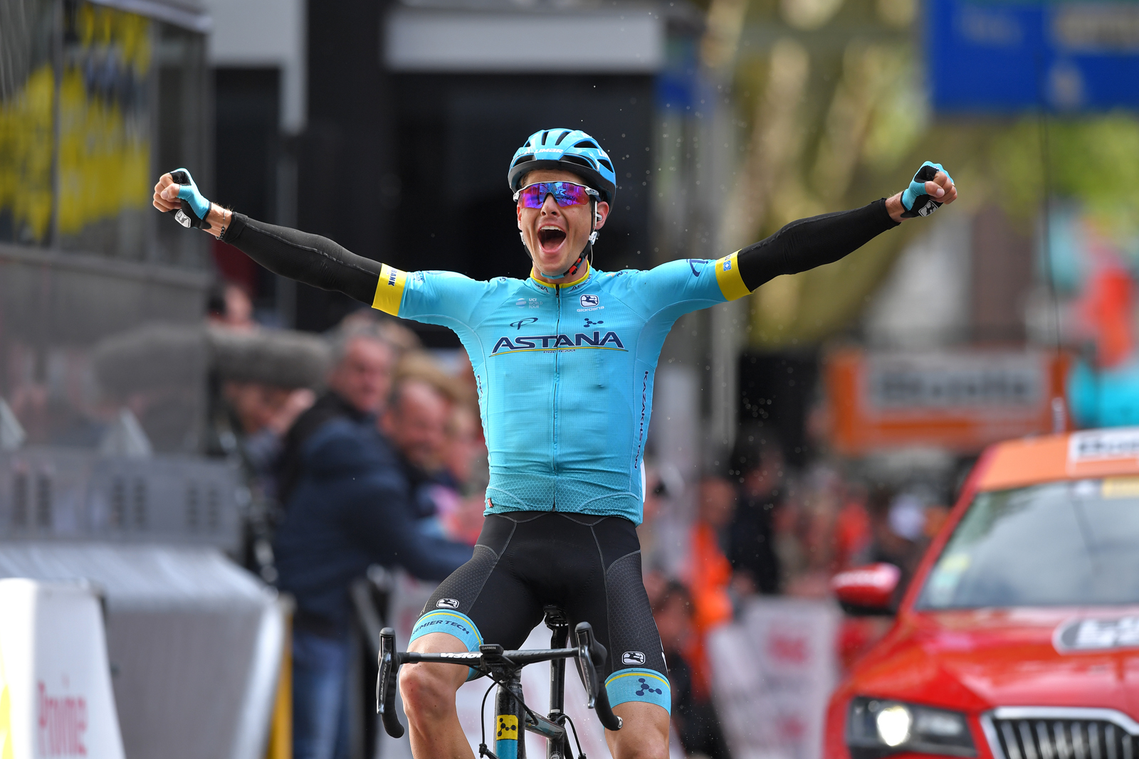 Jakob Fuglsang celebrating his 2019 victory at Liège–Bastogne–Liège, when he rode for Astana.