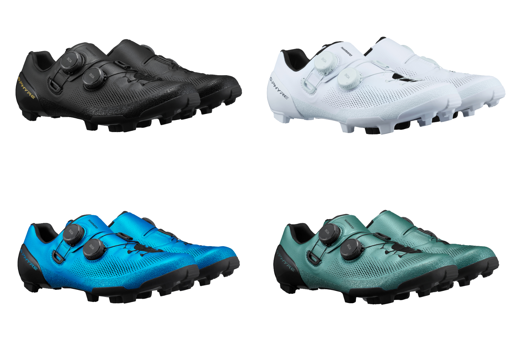 Shimano RX910 S-Phyre gravel shoes coliurs: black, white, blue, green.