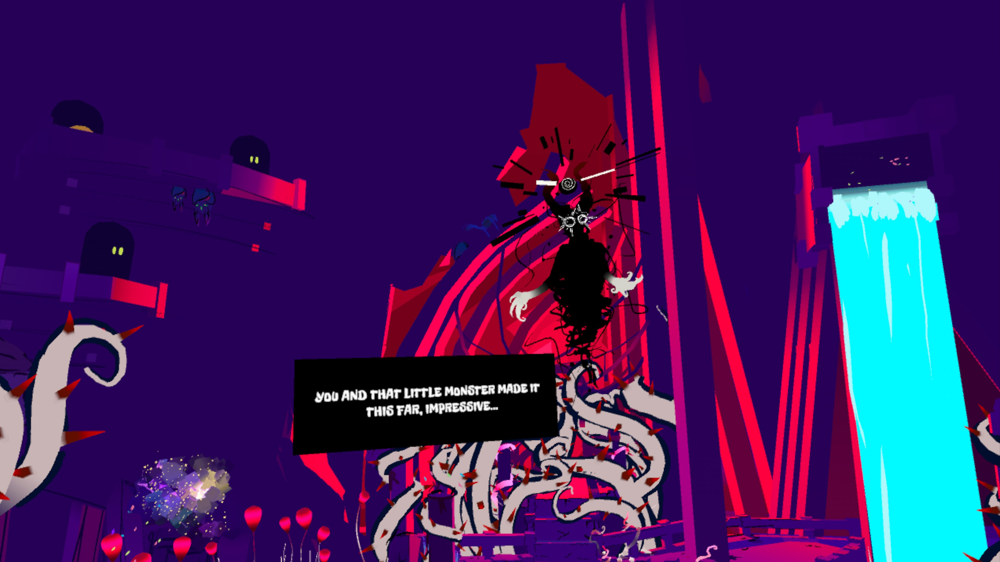 The manifestation of Anxiety above corrupted thornes. Includes the subtitles "you AND that little monster made it this far, impressive..."