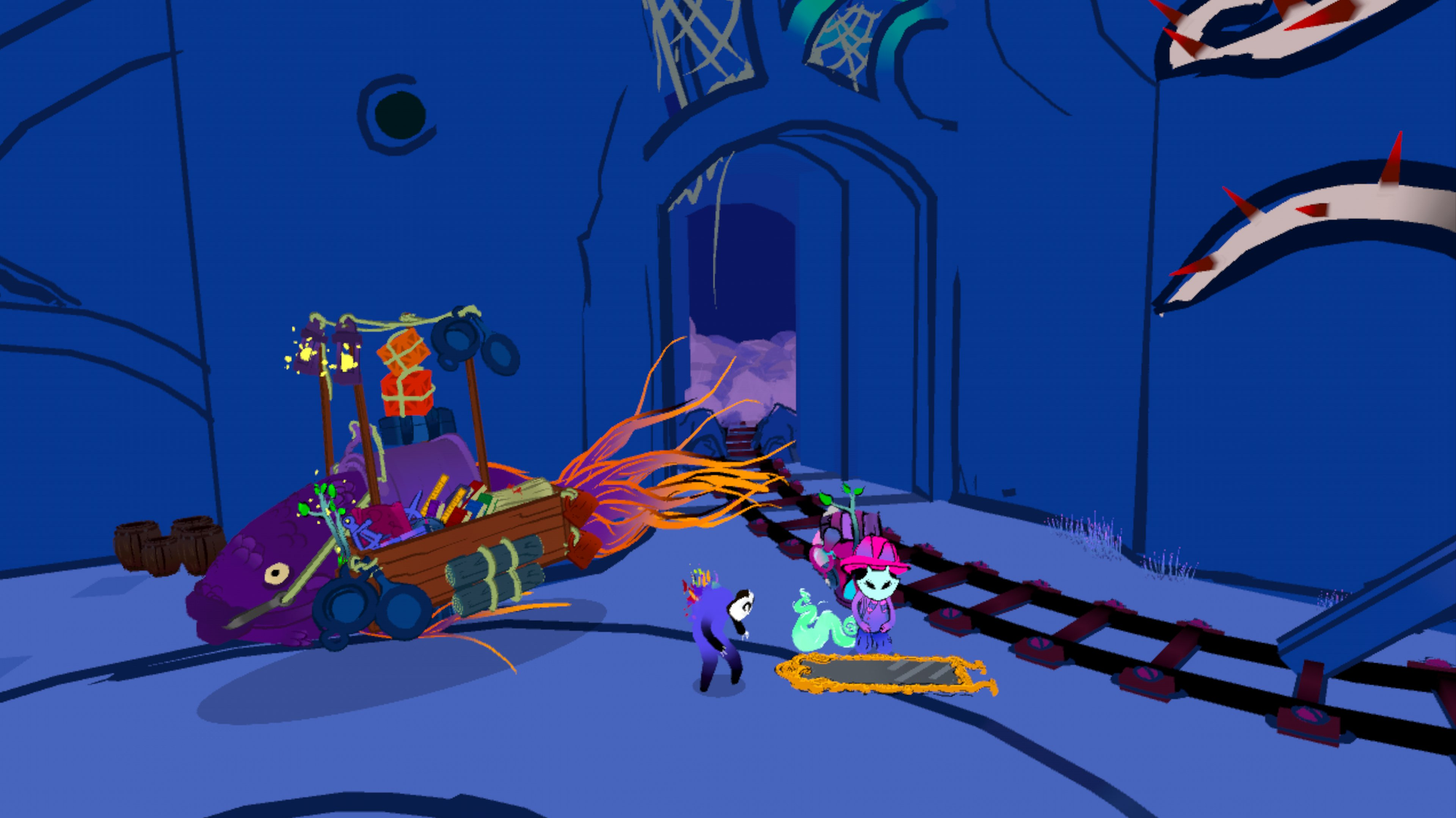 Moti and Sophi, a prominent NPC, standing over a gold mirror. Sophi's fish cart is to the left of them.