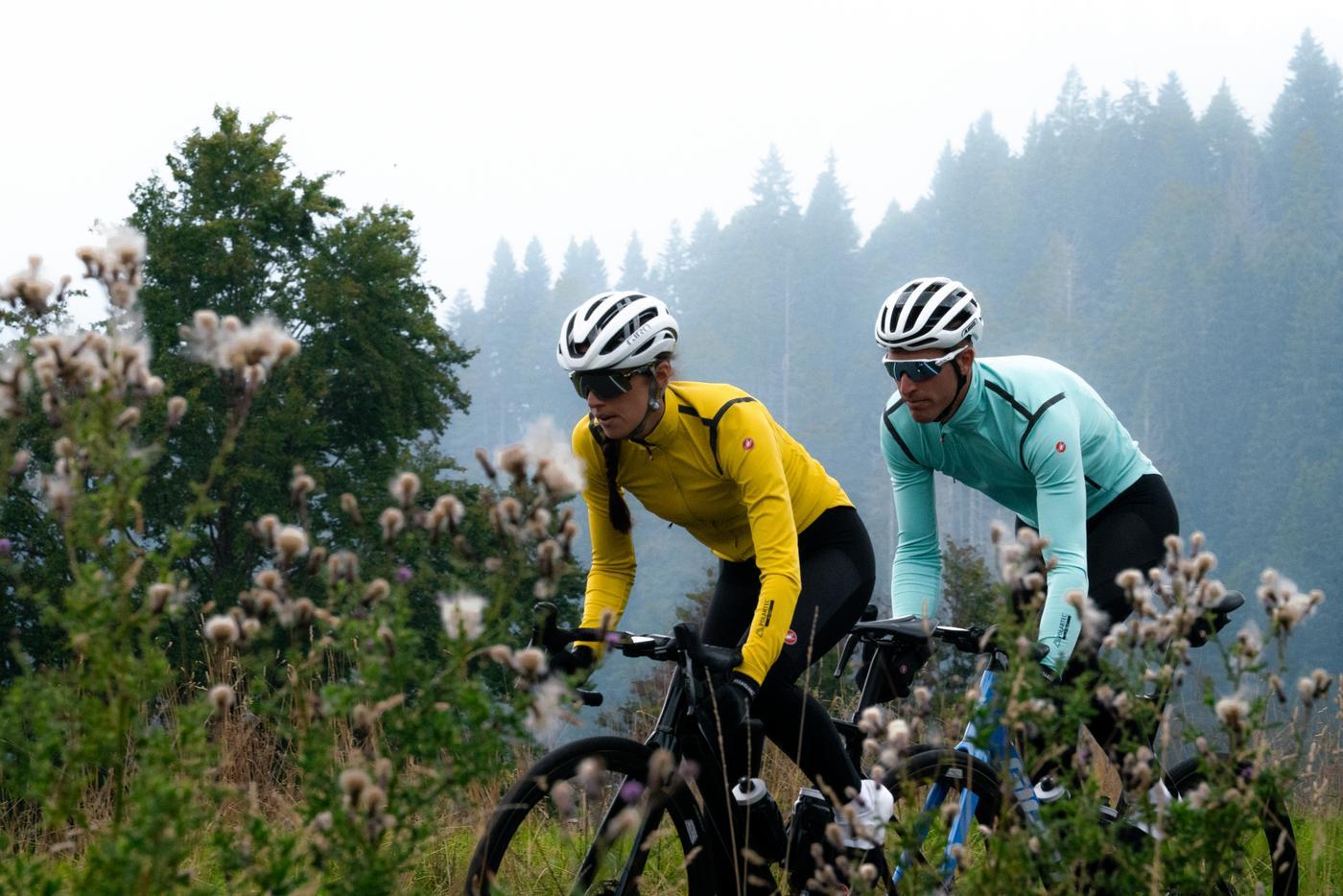 Two cyclists wearing new Castelli Perfetto 3 RoS jacket.