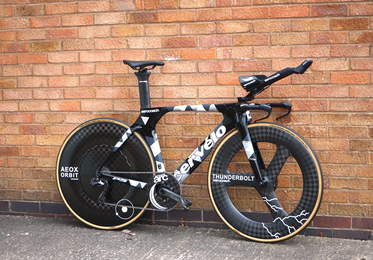 AeroCoach Thunderbolt front wheel in a Cervelo P5