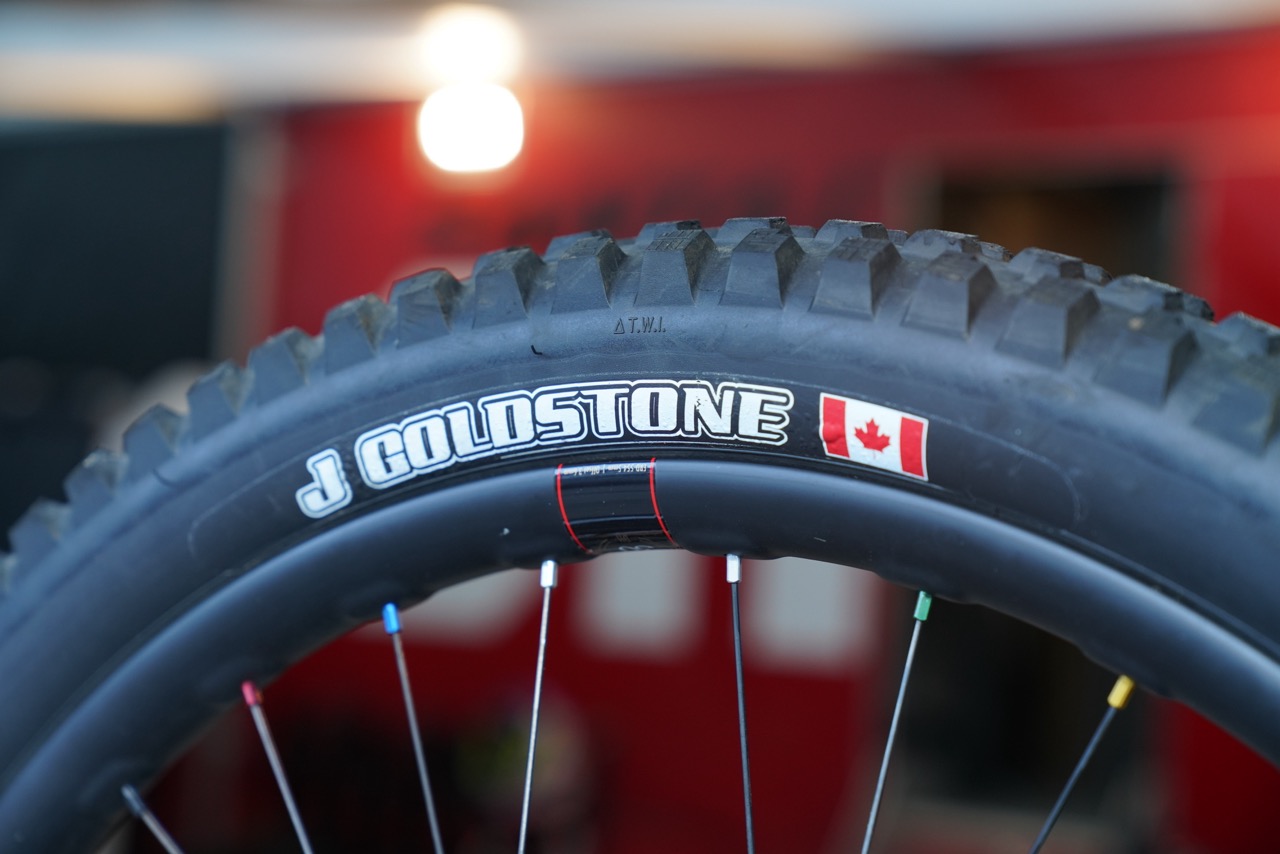 Jackson Goldstone's Santa Cruz V10 at Lenzerheide with named Maxxis tyres