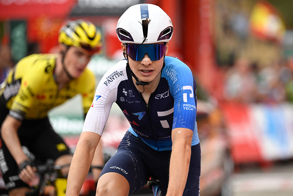 Team Israel Premier Tech 's US rider Matthew Riccitello crosses the finish line during the 14th stage of the Vuelta a Espana.