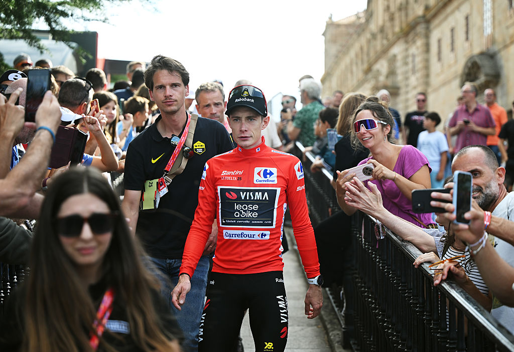 MONFORTE DE LEMOS, SPAIN - SEPTEMBER 07: Jonas Vingegaard of Denmark and Team Visma | Lease a Bike - Red Leader Jersey winner after the La Vuelta - 80th Tour of Spain 2025, Stage 15 a 167.8km stage from A Veiga-Vegadeo to Monforte de Lemos / #UCIWT / on September 07, 2025 in Monforte de Lemos, Spain. (Photo by Dario Belingheri/Getty Images)