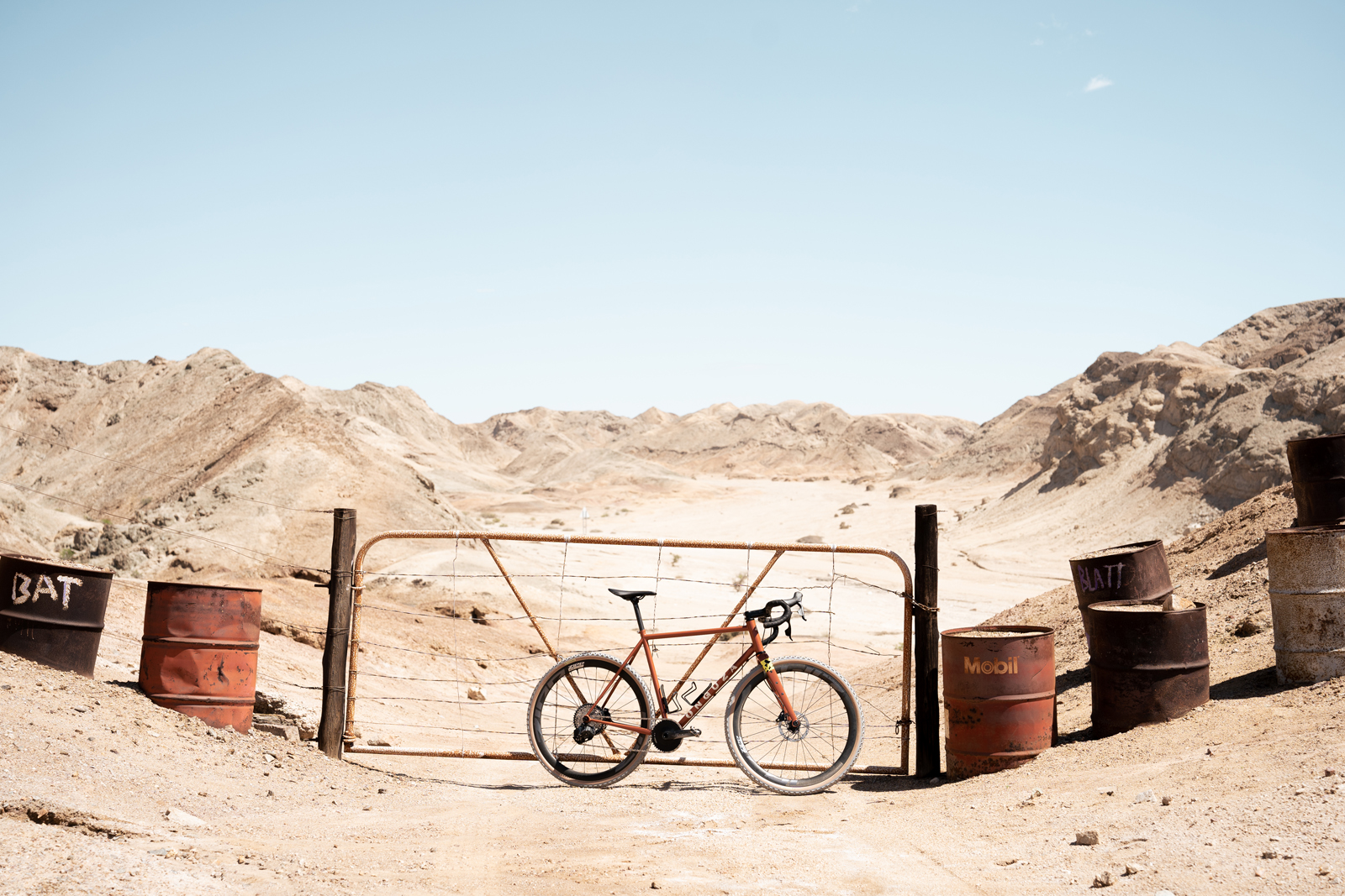 Onguza Bliksem gravel bike frame against fence.