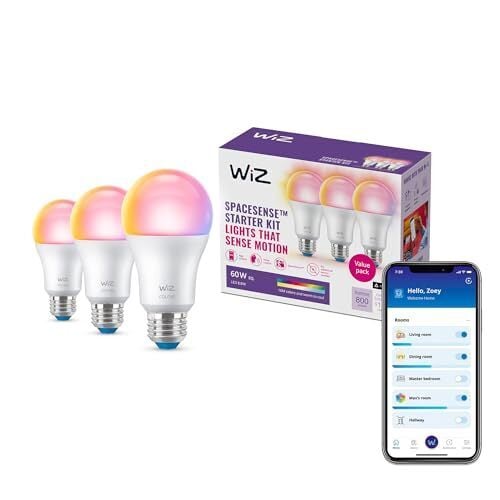 WiZ 60W A19 Color LED Smart Bulb - Pack of 3 - E26- Indoor - Connects to Your Existing Wi-Fi - Control with Voice or App + Activate with Motion - Matter Compatible