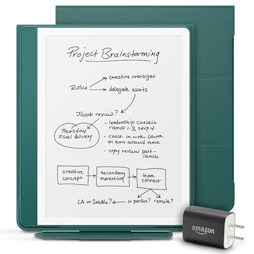 Amazon Kindle Scribe 64GB Essentials Bundle (Metallic Jade): New Kindle Scribe, Premium Pen, Plant-Based Leather Folio-Jade, Power Adapter