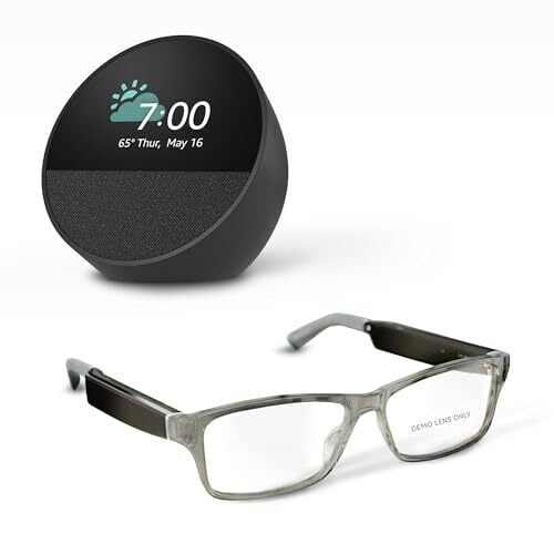 Amazon Echo Frames (newest model) + Echo Spot (newest model), Smart Glasses with Alexa, Modern Rectangle frames in Charcoal Gray with prescription ready lenses