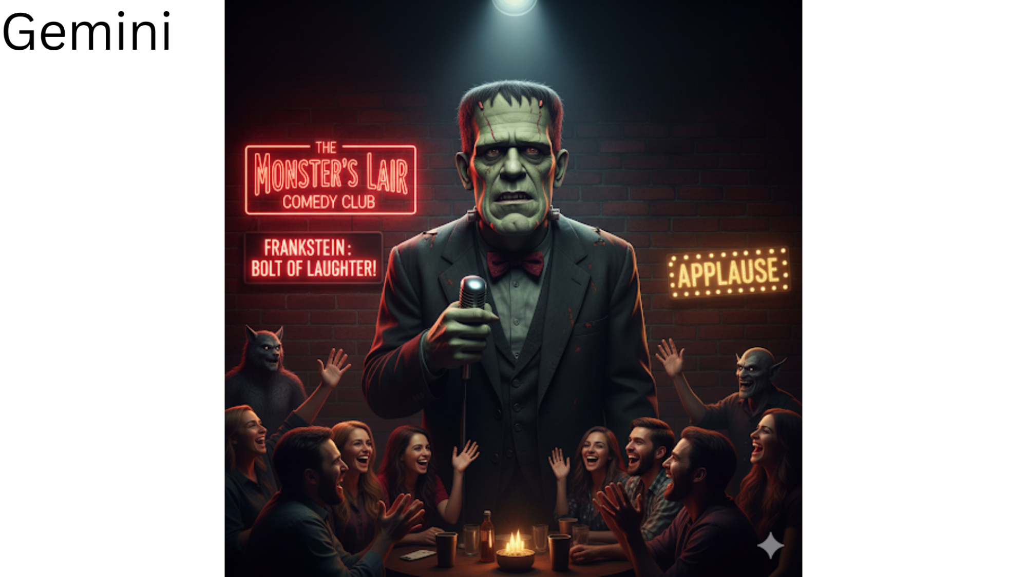 Frankenstein doing stand-up comedy by Gemini