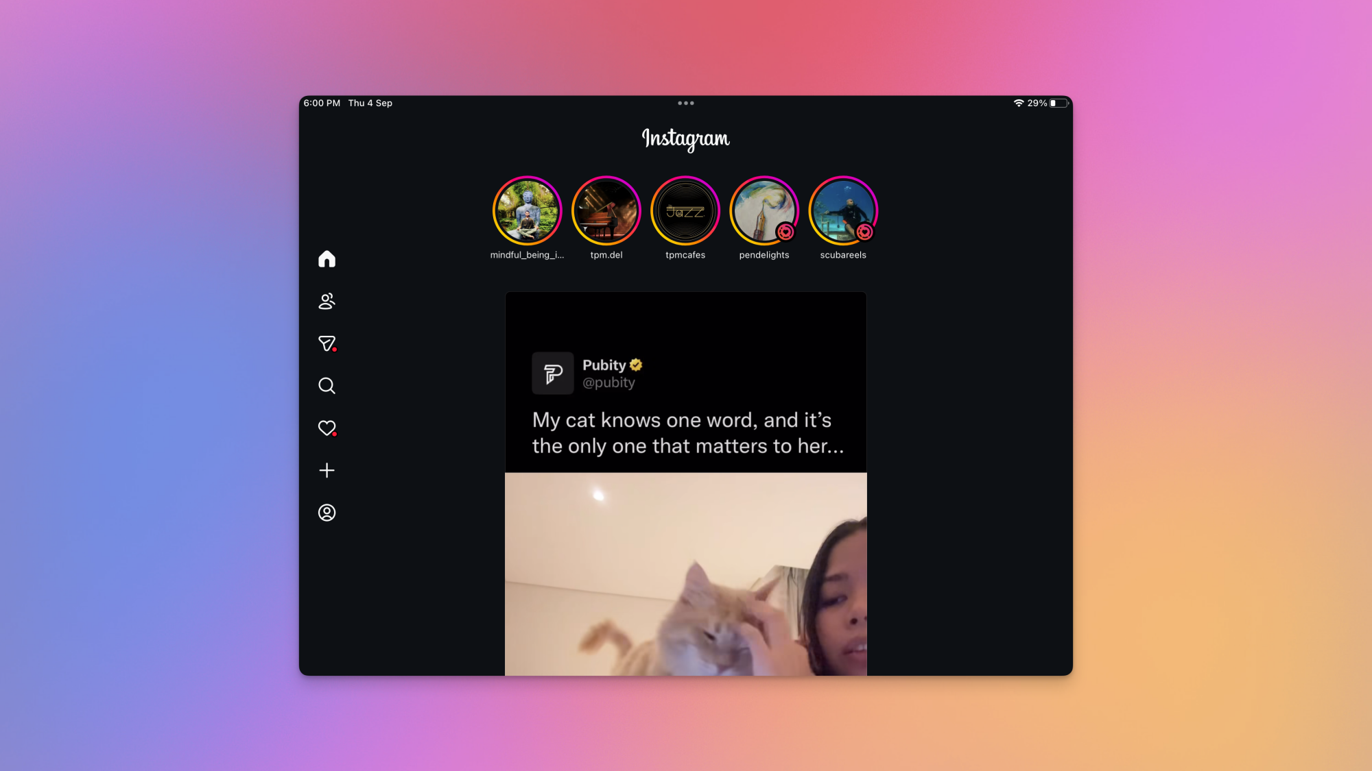 The Home tab in Instagram for iPad.