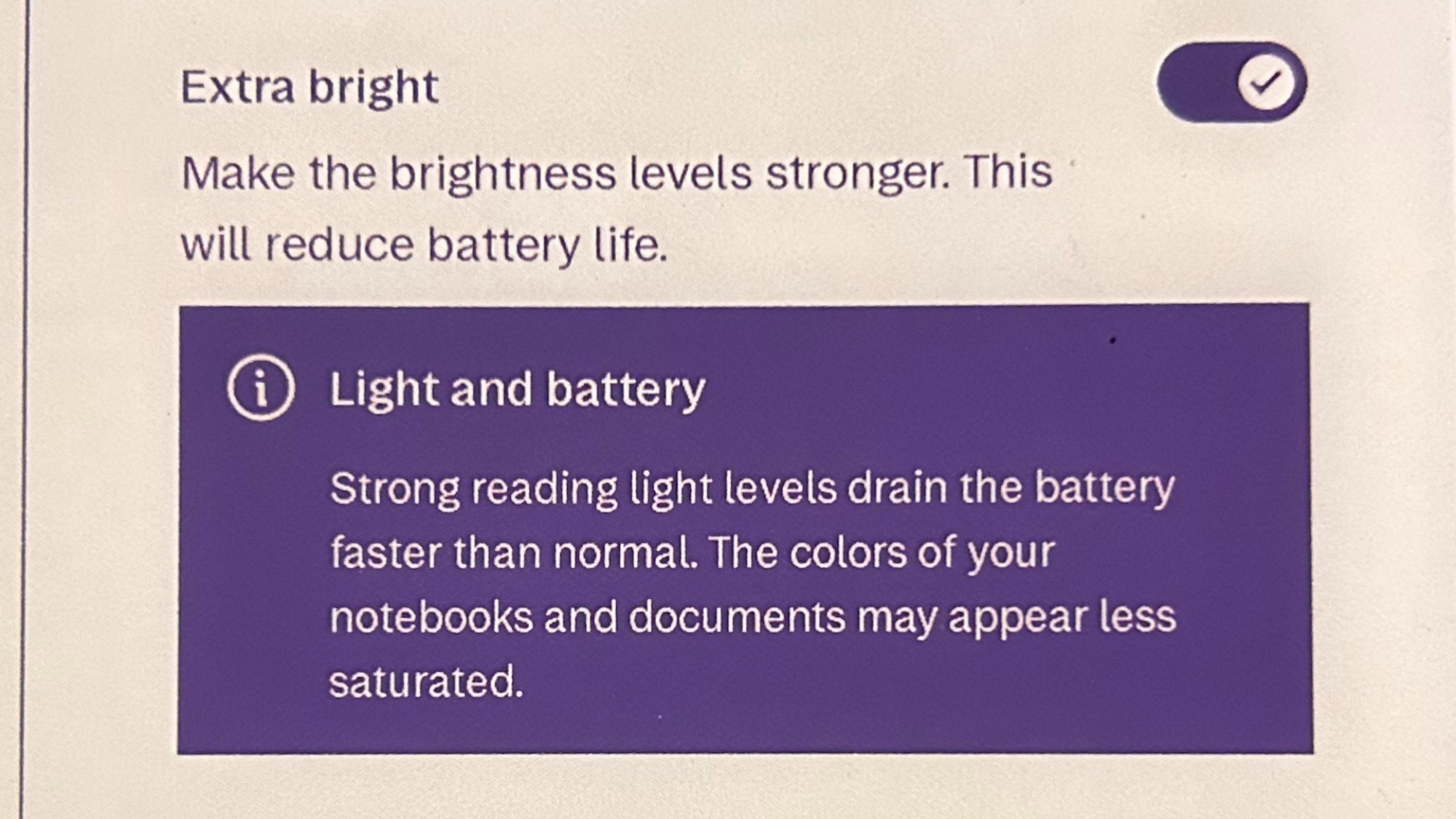 The menu setting for increasing the front light brightness, with a warning that it will reduce battery life and color saturation.