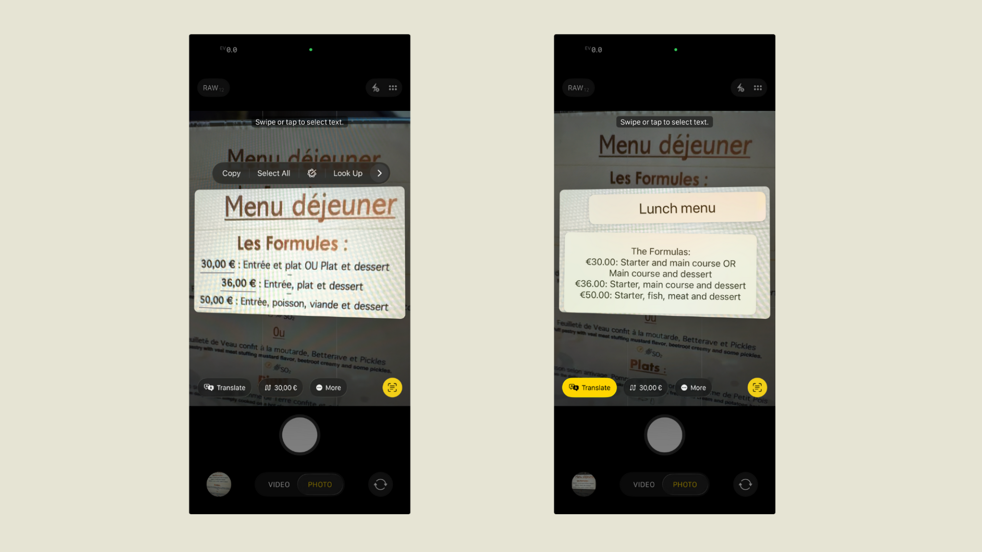 translating within the camera app
