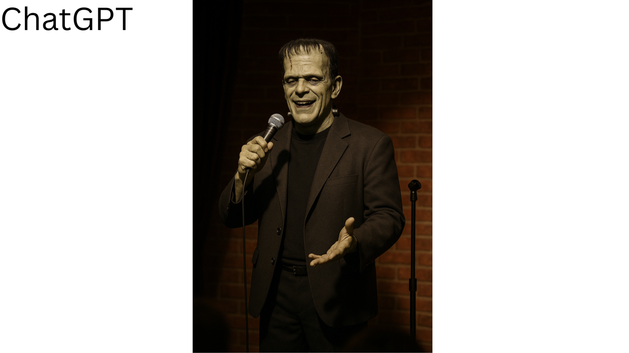 Frankenstein doing stand-up comedy by Chat GPT