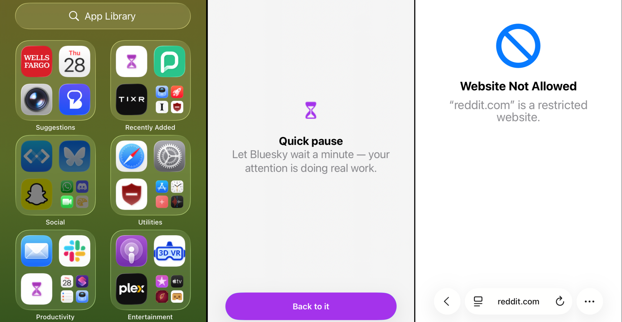 Three screenshots of Foqos in action