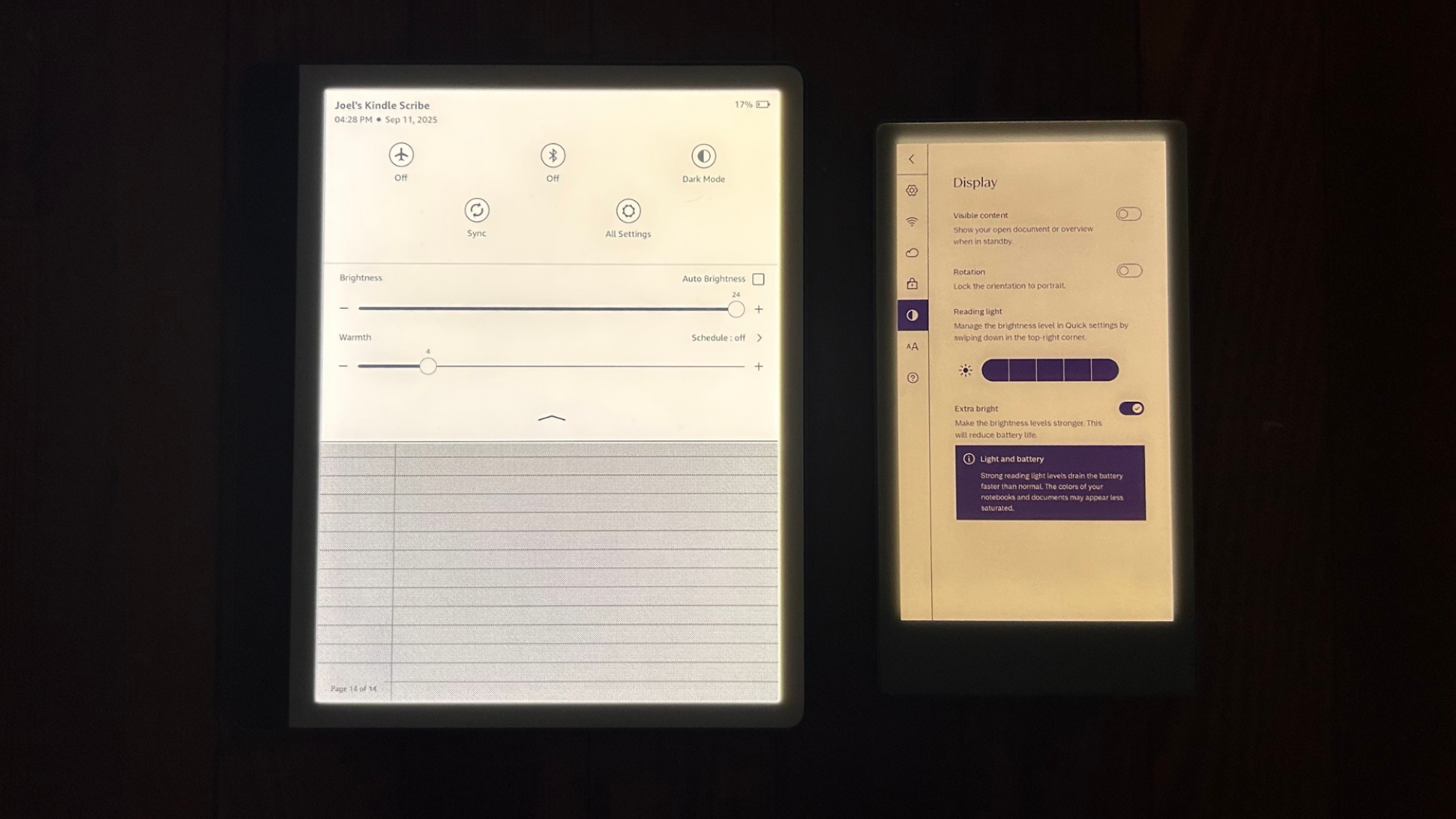 tra Bright mode enabled, compared to a Kindle Scribe at max brightness.