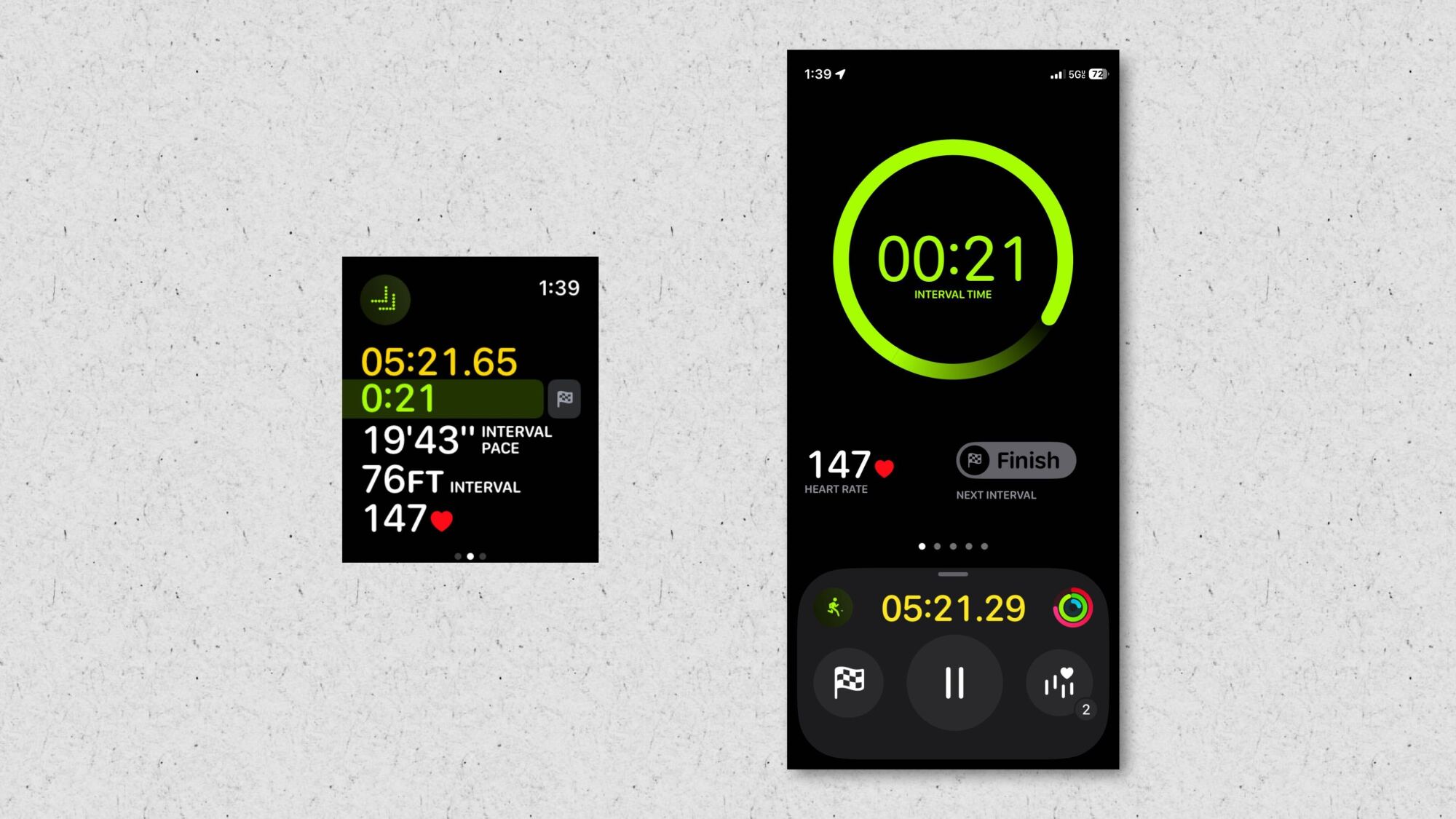 in-workout: Apple Watch screenshot on left, iPhone screenshot on right.
