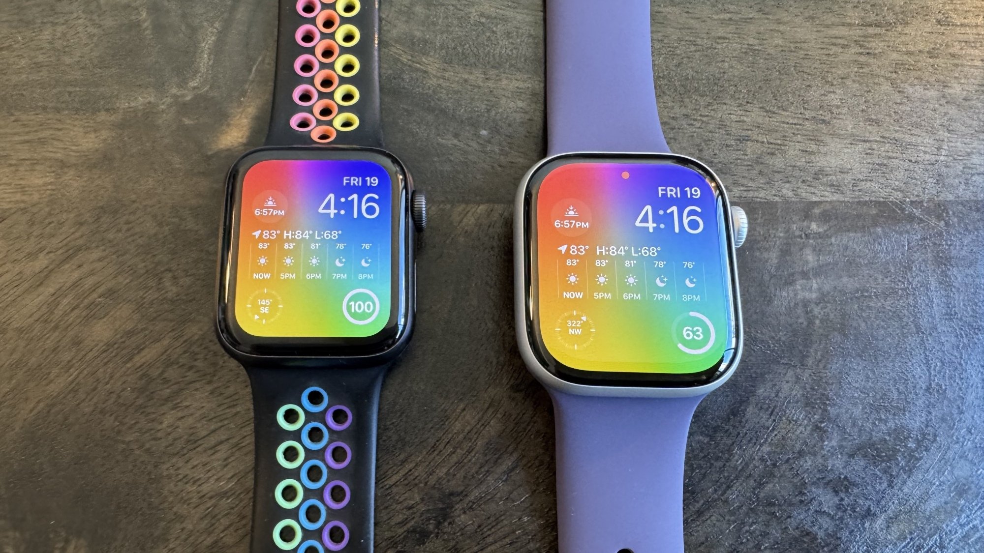 Apple Watch SE display (left) vs. Apple Watch Series 11 display (right)