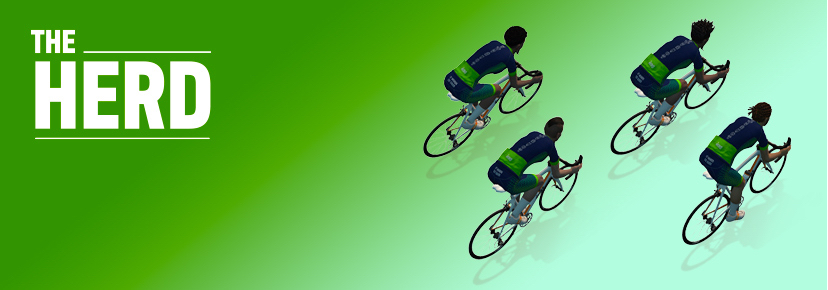 Four cyclists in matching blue and green outfits ride in formation on a green gradient background, with the words THE HERD in bold white text on the left side.