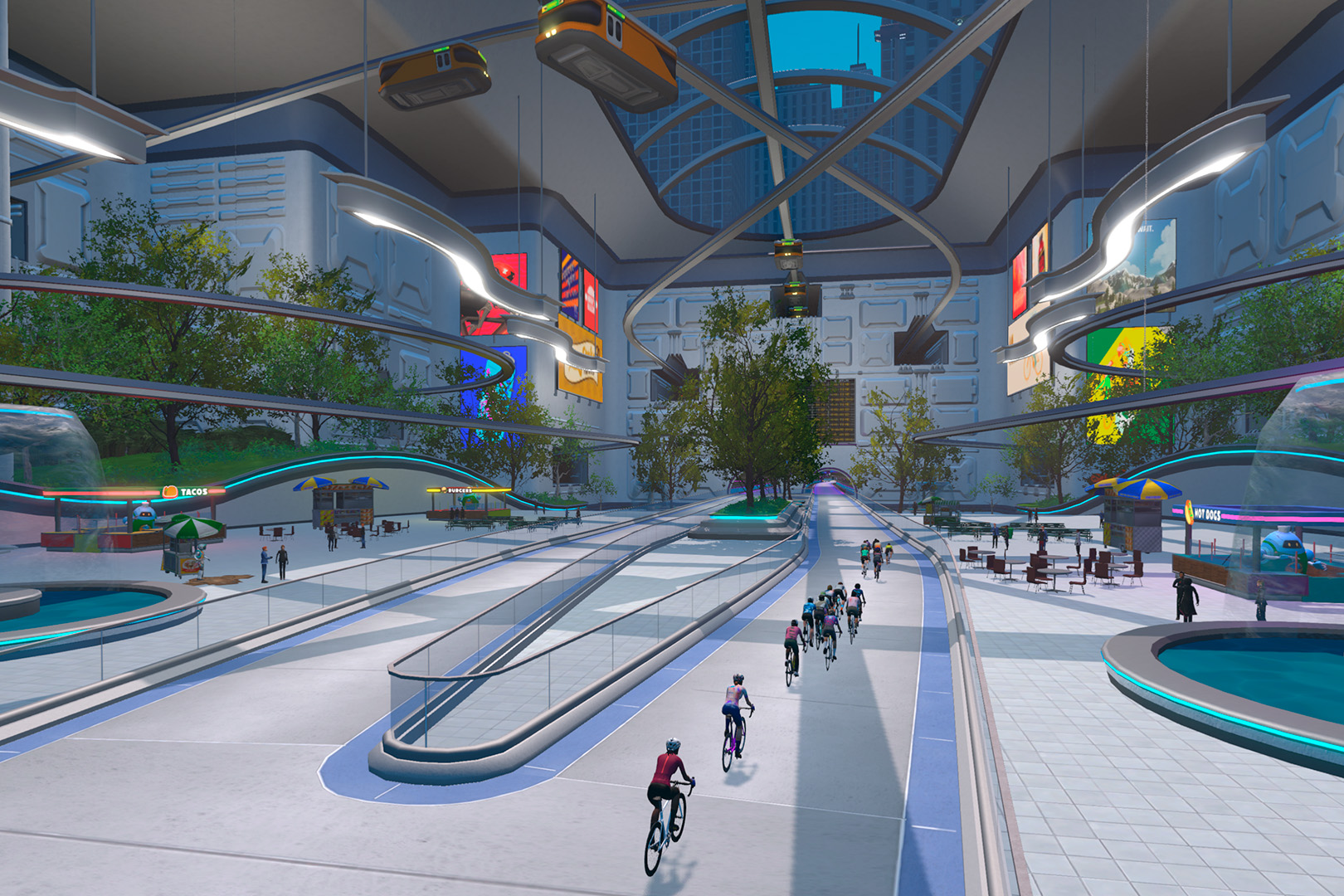 Zwift New York map expansion showing futuristic roads.