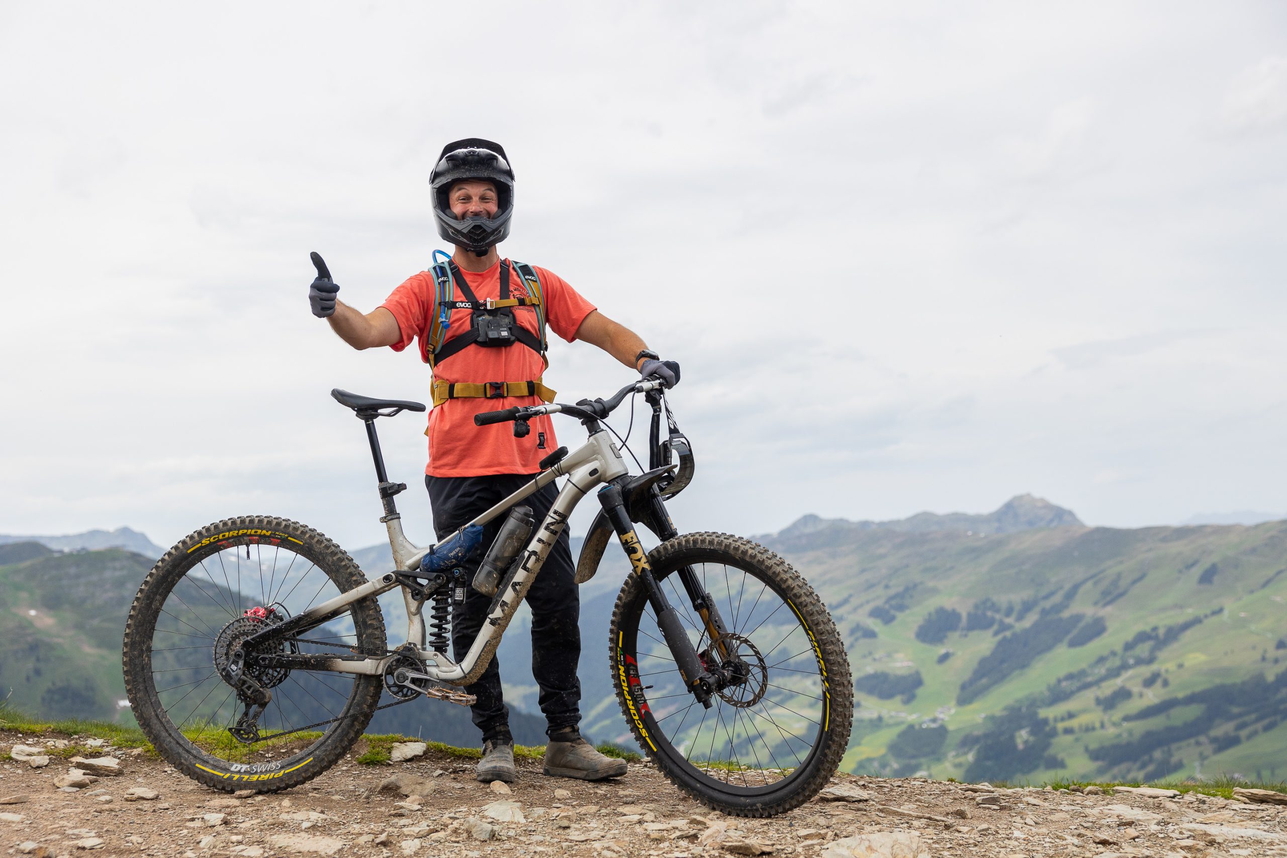 Fox Podium Factory upside down mountain bike suspension fork fitted to a Marin Alpine Trail XR enduro bike ridden by Alex Evans on EDR world cup stage in Leogang Austria