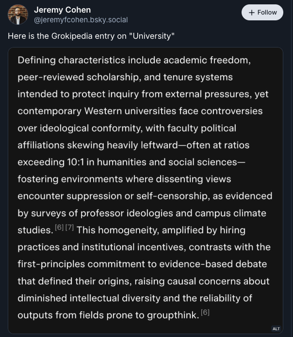 Bluesky screenshot of a Grokipedia entry for "university."