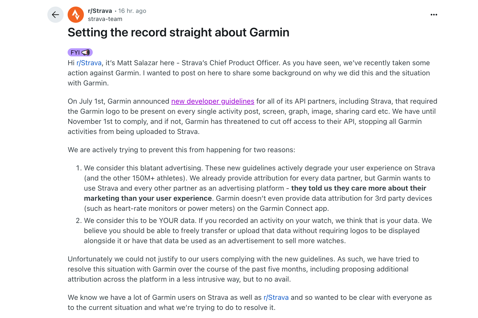 Strava post on Reddit about it's Garmin lawsuit